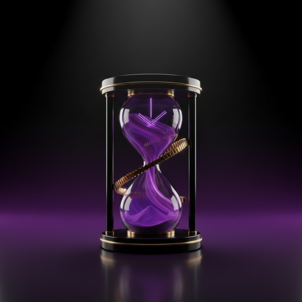 Modern hourglass with purple sand and a gold gear-like spiral inside, set against a dark purple and black gradient background.