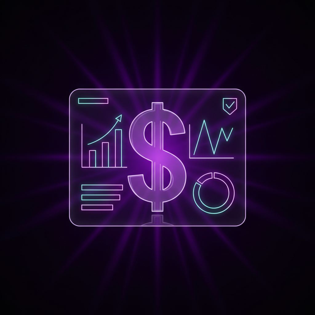 Neon-style financial dashboard with a large dollar sign, bar chart, line graph, and pie chart on a glowing purple background.