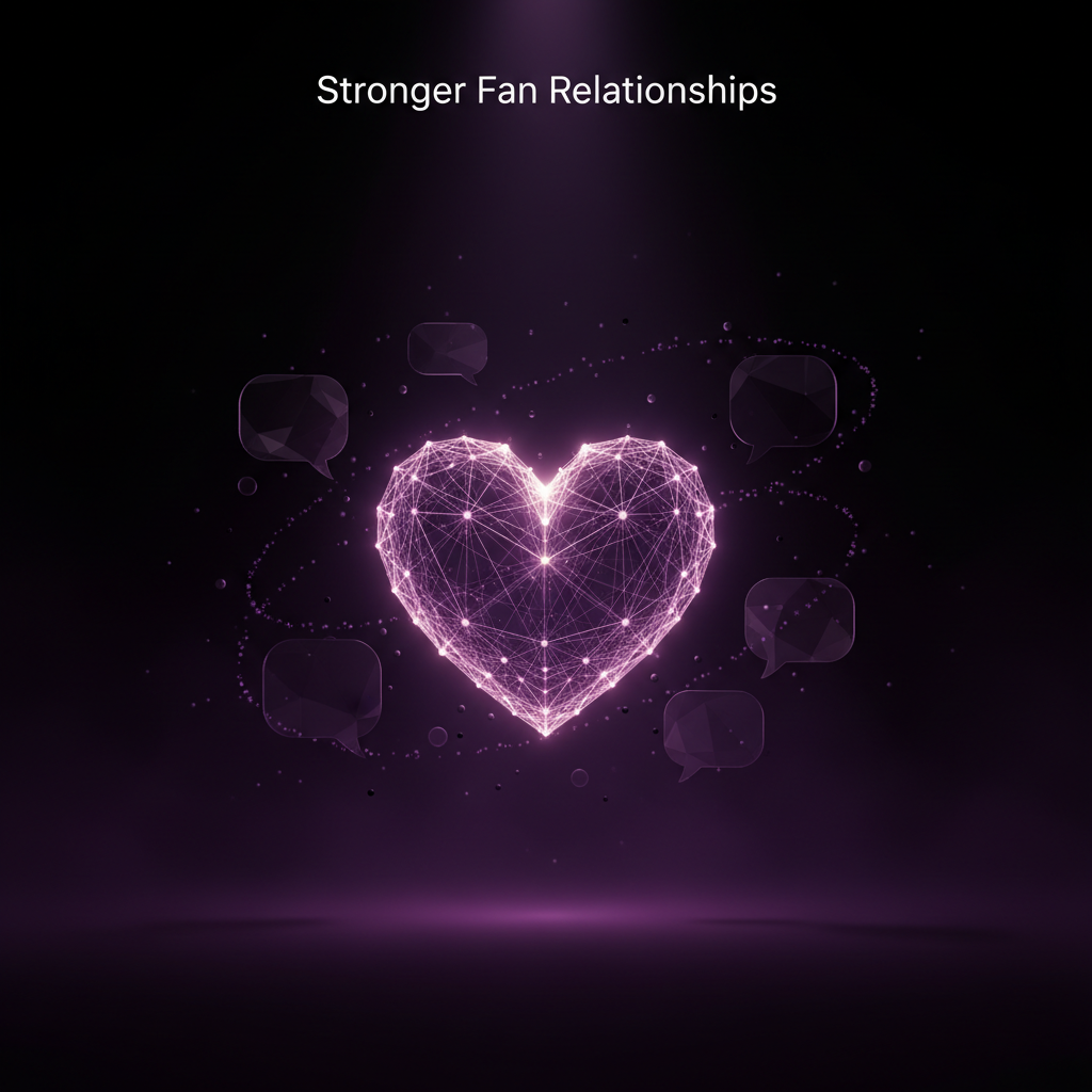 Glowing purple network heart surrounded by chat bubbles under the text 'Stronger Fan Relationships' on a dark background.