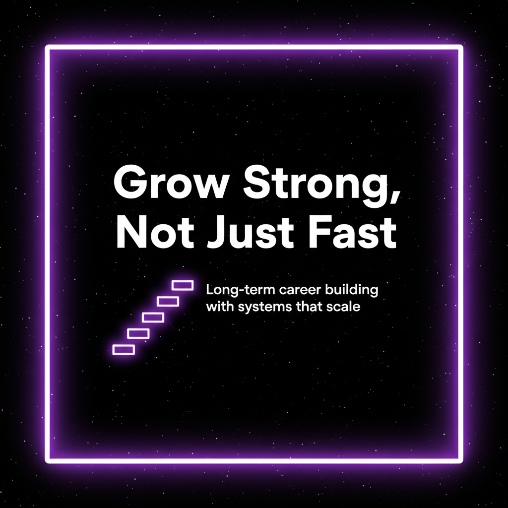 Neon purple square frame on black starry background with text: 'Grow Strong, Not Just Fast' and smaller text 'Long-term career building with systems that scale' alongside a neon glowing staircase icon.