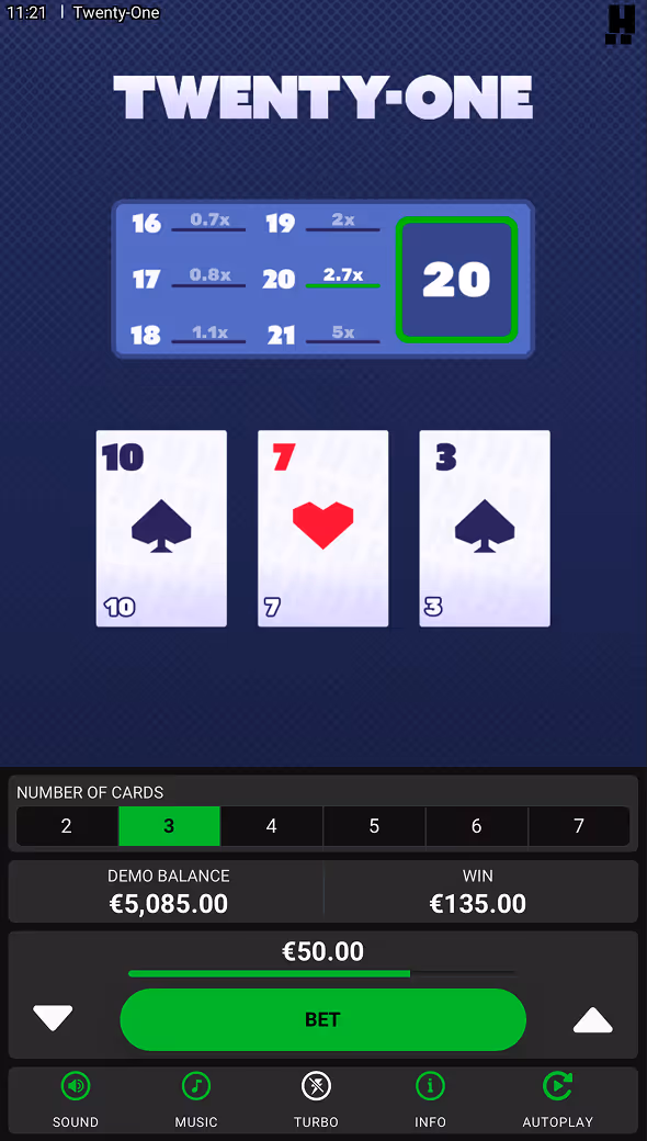 Twenty-One Dare2Win Mobile Screenshot