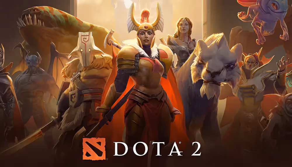 A mashup of characters from the online game Dota 2 with the game logo