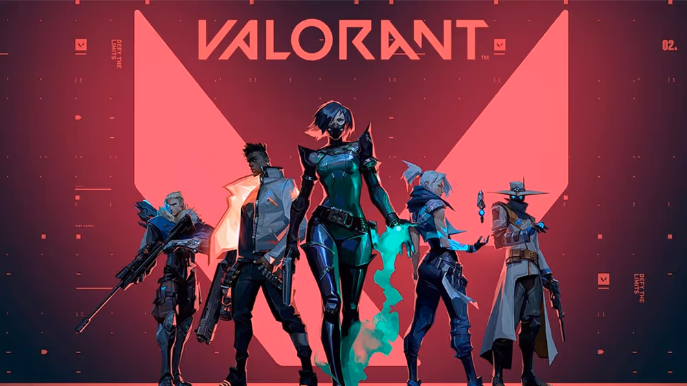 A mashup of characters from the online game Valorant with the game logo