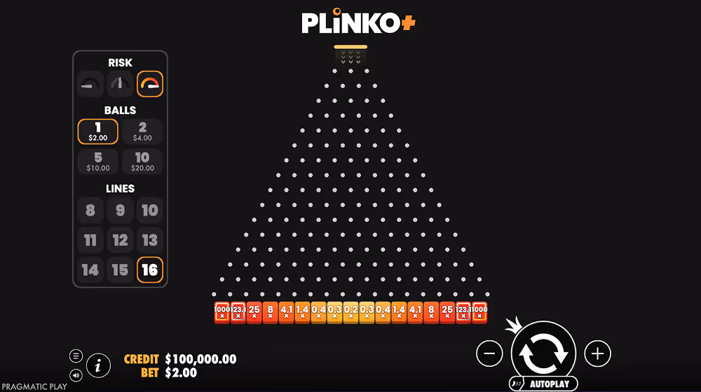 A gameplay screenshot of Plinko+ by Pragmatic Play