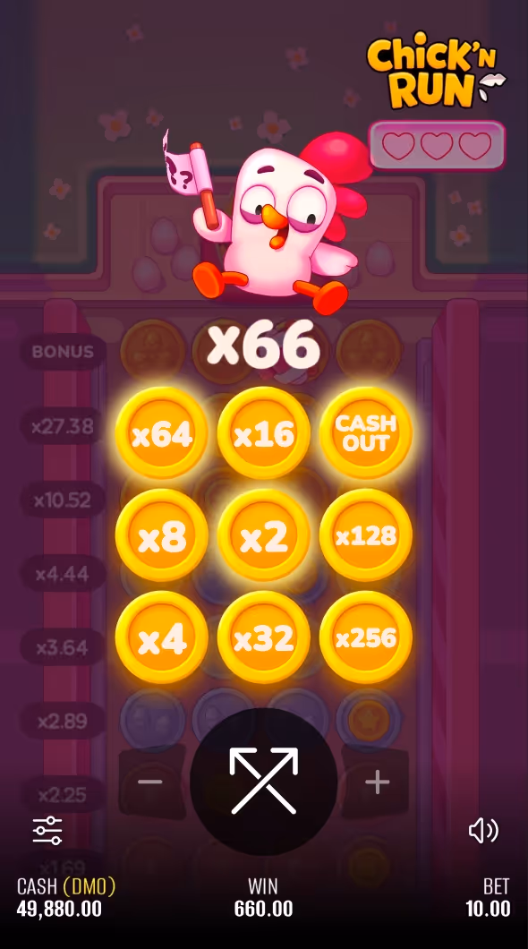 A mobile gameplay screenshot of Chick N Run casino game by Pixmove showcasing the bonus round