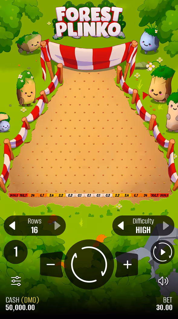 A mobile gameplay screenshot of casino game Forest Plinko by Pixmove