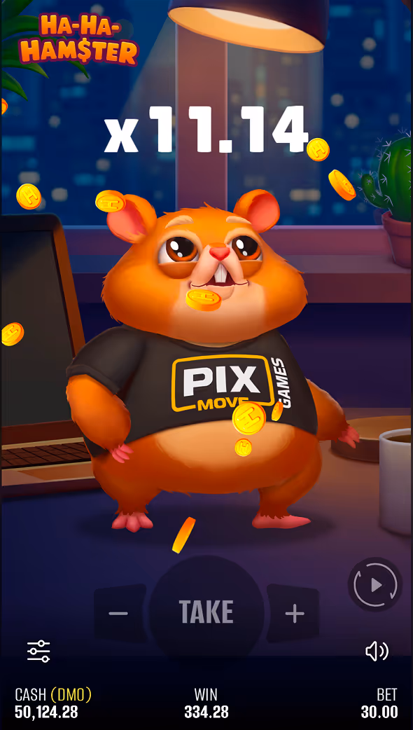 A mobile gameplay screenshot of Ha-Ha Hamster casino crash game by Pixmove