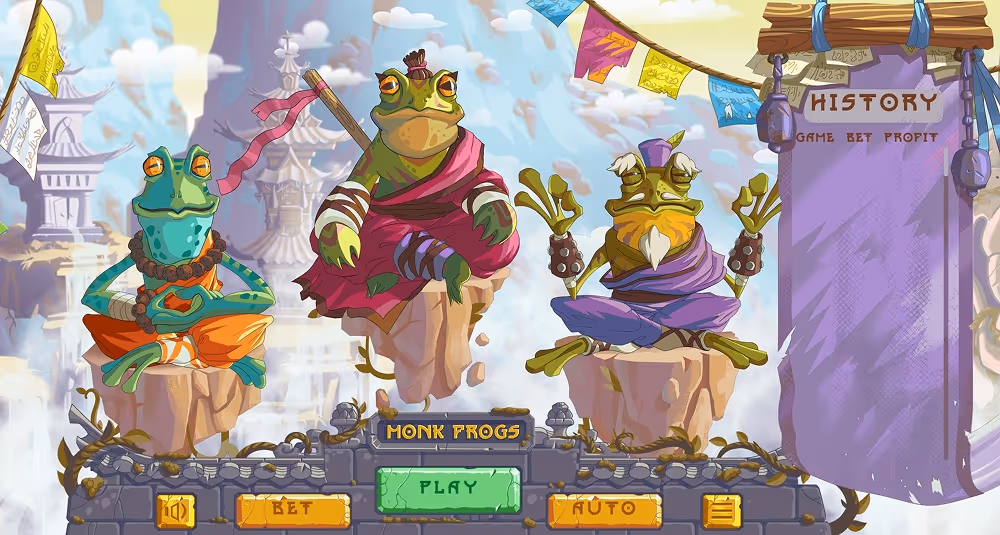 A gameplay screenshot of casino game Monk Frogs by Pixmove