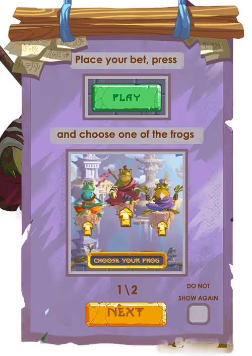 A screenshot of the in-game instructions from casino game Monk Frogs by Pixmove