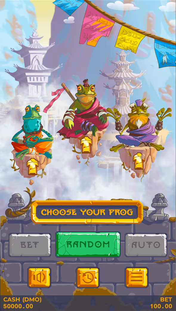A mobile gameplay screenshot of Monk Frogs casino game by Pixmove