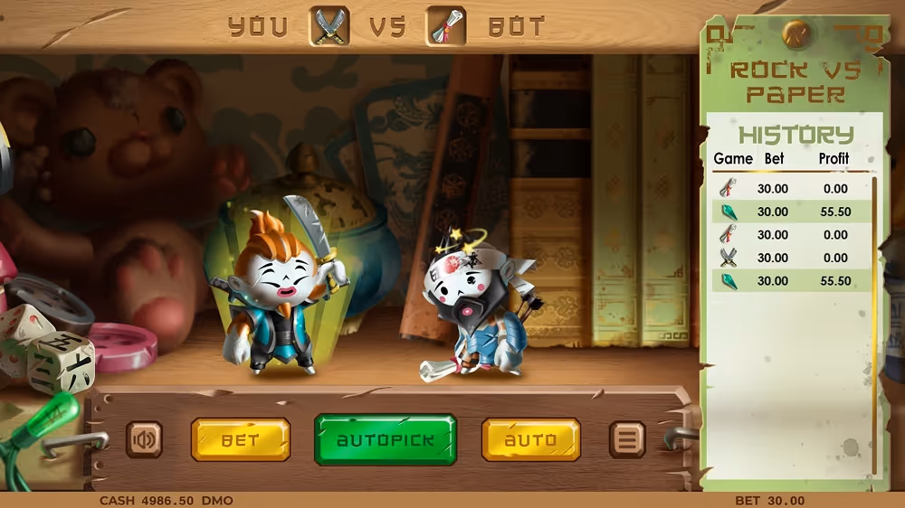 A gameplay screenshot of casino game Rock Scissors Paper by Pixmove