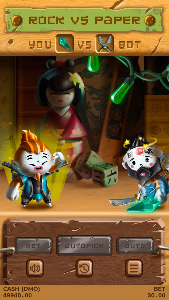 A gameplay screenshot of casino game Rock Scissors Paper by Pixmove