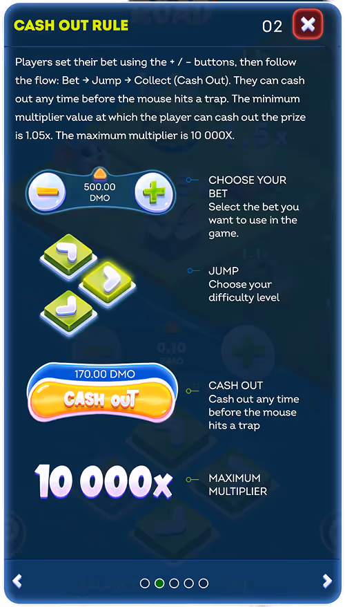 A screenshot of in-game instructions for casino game Cheesy Road by Smartsoft