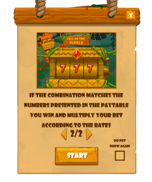 A screenshot of the in game instructions for casino game Call Of The Jungle by Pixmove