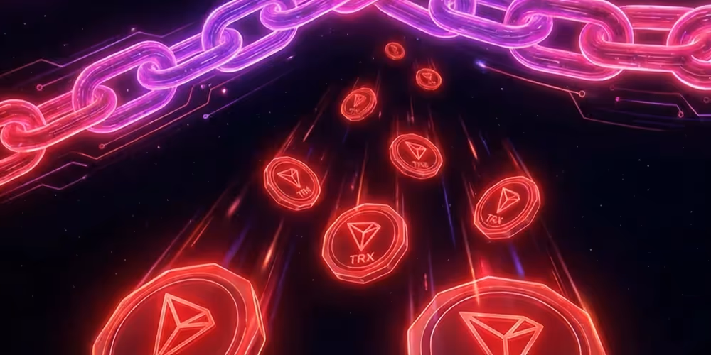 An AI imge of Tron Coins falling through space with blockchain imagery in the background