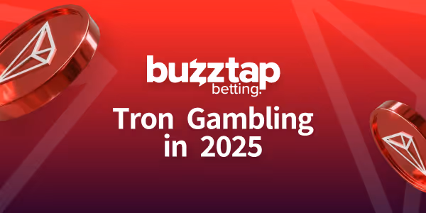 A blog banner featuring the Tron Cryptocurrency coin in red, set against a red and purple gradient background