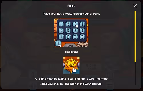 A screenshot of the in-game rules page from Sheriffs Coins casino game by Pixmove
