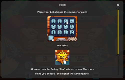A screenshot of the in-game rules page from Sheriffs Coins casino game by Pixmove