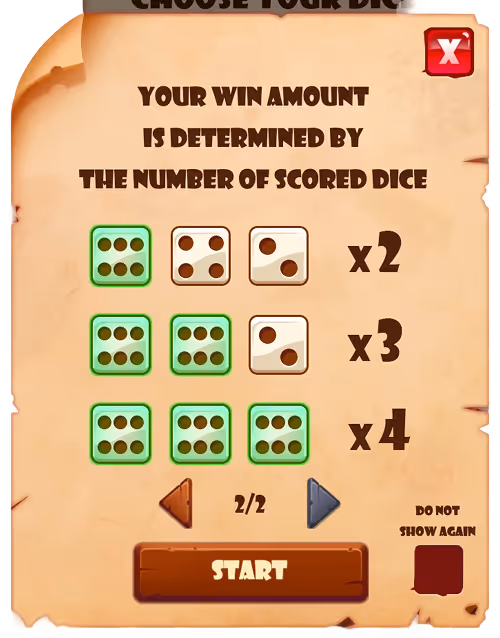 A screenshot of the in-game rules for casino game Pirate Dice by Pixmove