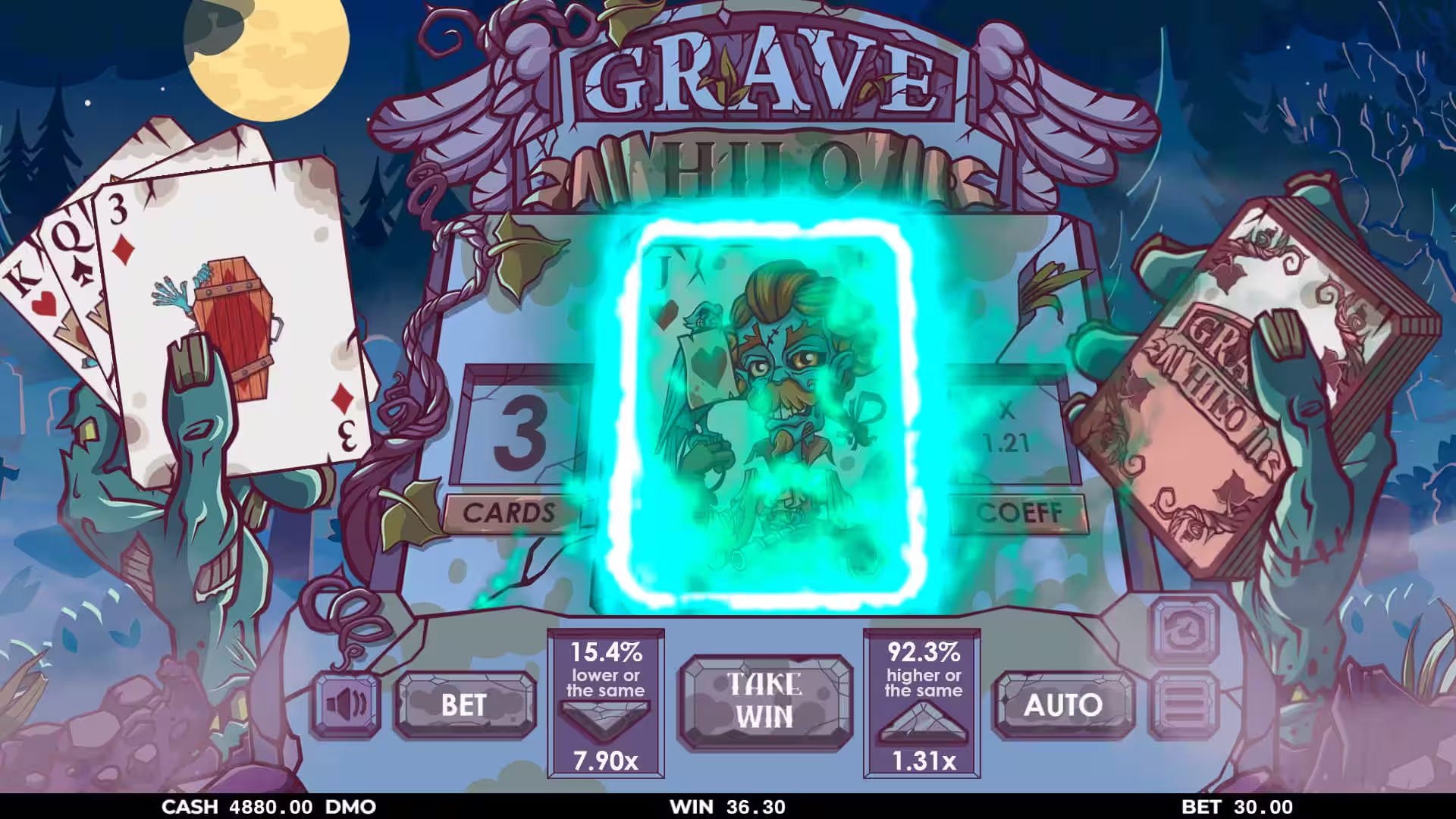 A pc gameplay screenshot of casino card game Grave Hilo by Pixmove