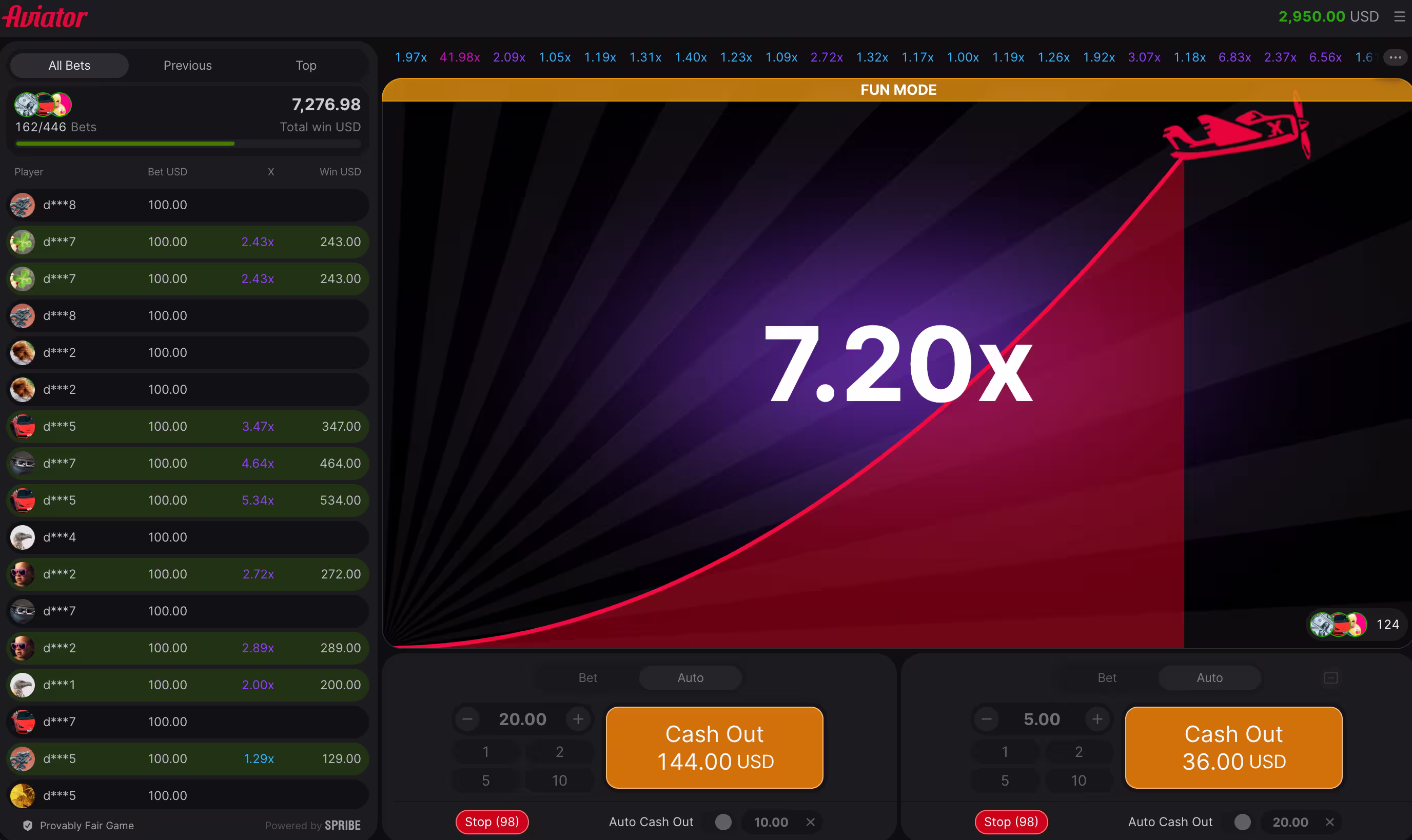 A pc gameplay screenshot of crash game Aviator by Spribe showing a 7.2x win multiplier