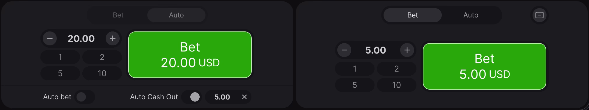 A screenshot of the dual betting panel feature in crash game Aviator by Spribe