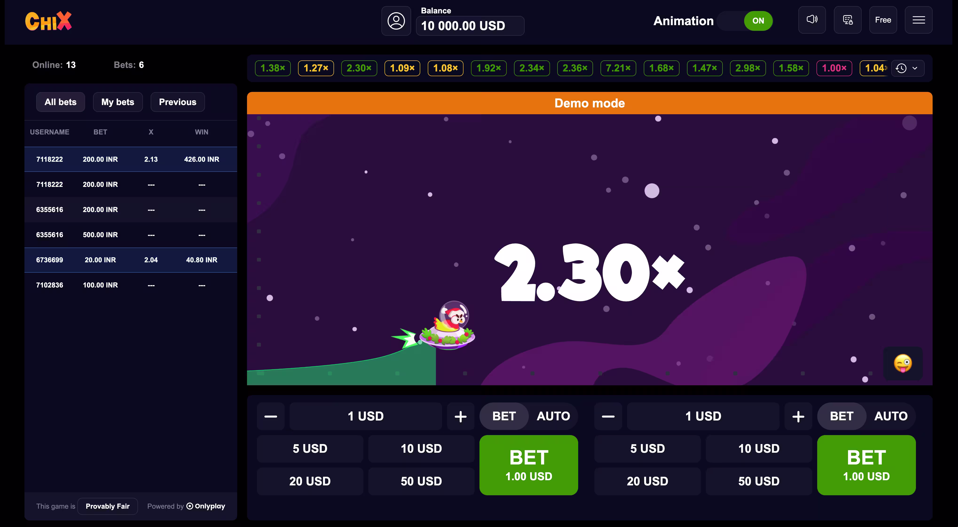 A pc gameplay screenshot of ChiX crash casino game by Onlyplay