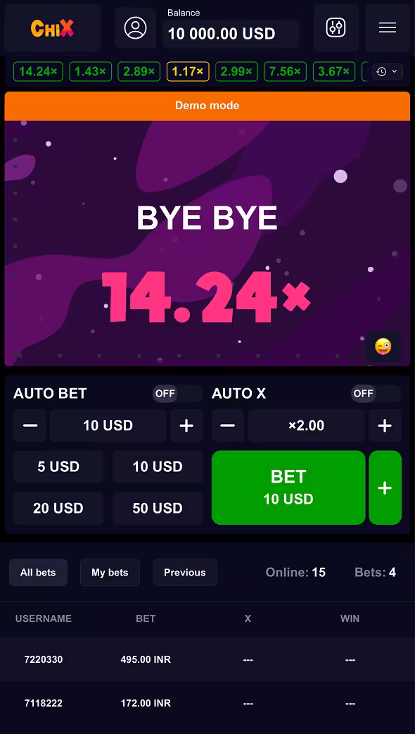 A mobile gameplay screenshot of casino crash game ChiX by Onlyplay