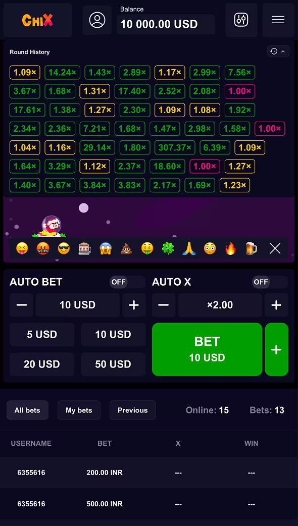 A mobile gameplay screenshot of casino crash game ChiX by Onlyplay