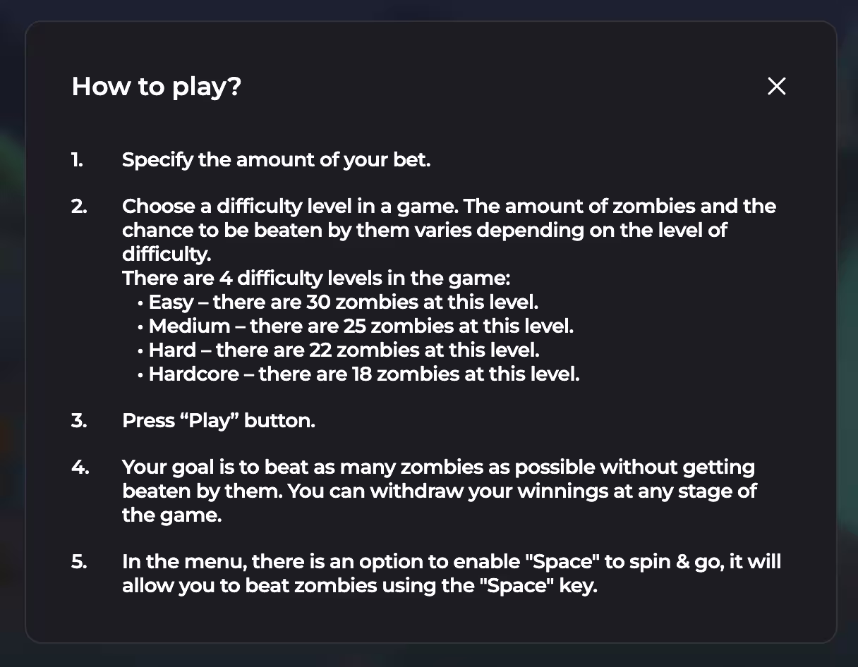 Screenshot of in-game instructions and rules for Chicken Vs Zombies crash game by InOut Games
