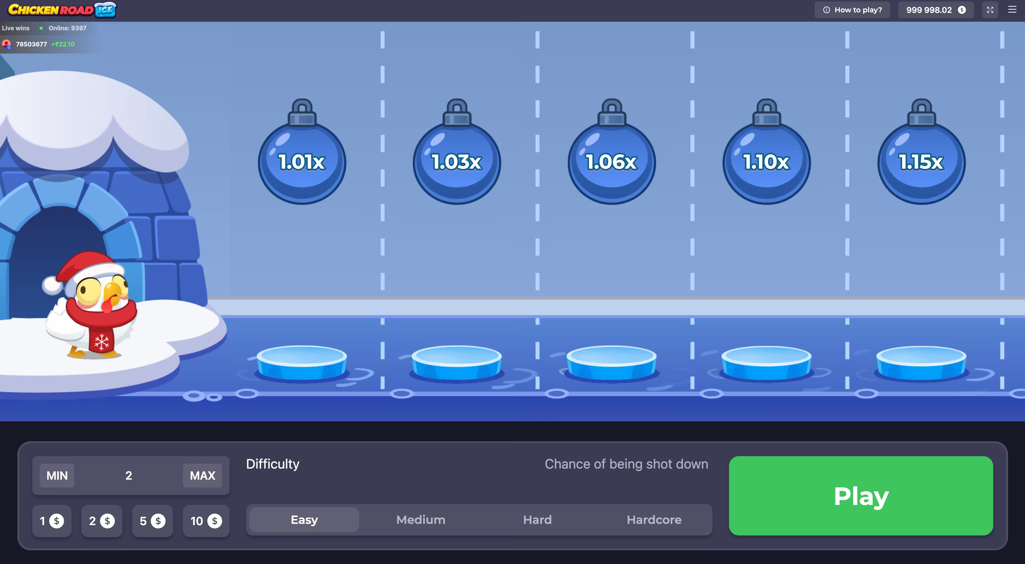 A screenshot of Chicken Road Ice crash gameplay from InOut Games