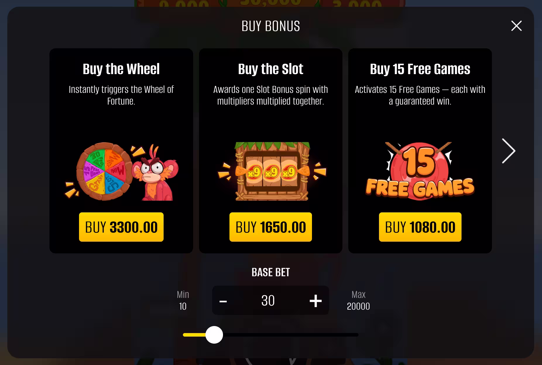 A screenshot of the Bonus Buy screen from casino game Monkey Tap by Pixmove