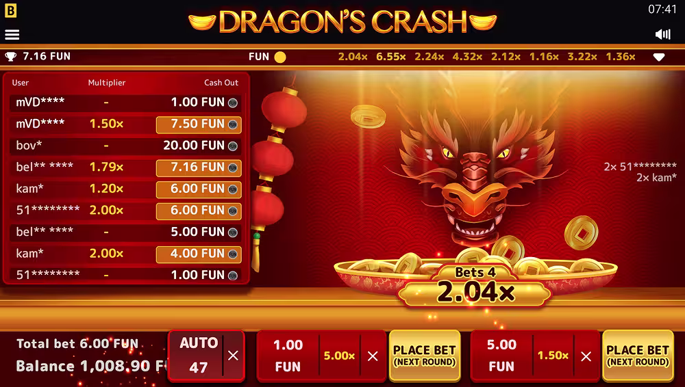 A desktop gameplay screenshot of Dragons Crash by BGaming