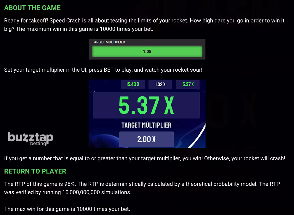 A screenhot of the in-game rules for Speed Crash Dare2Win by Hacksaw Gaming