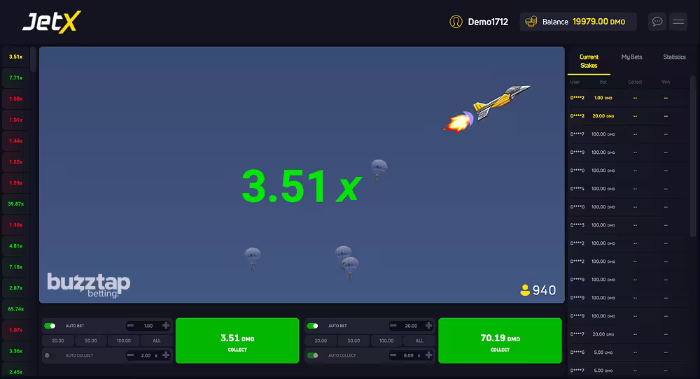 A gameplay screenshot of JetX crash game by Smartsoft Gaming