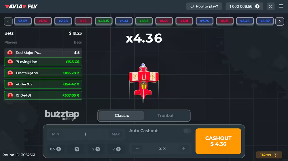 A gameplay screenshot of crash casino game Avia Fly by InOut Games