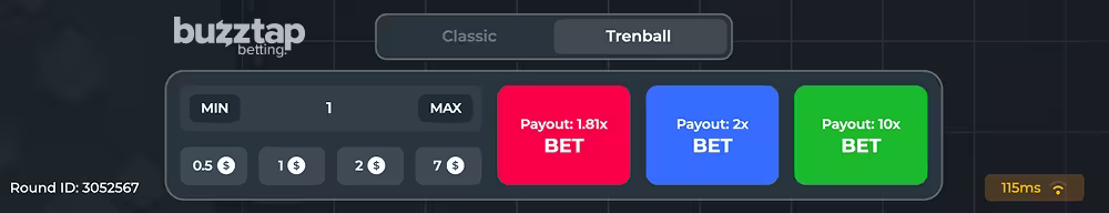 An in-game screenshot of the Trenball move betting panel in Avia Fly by InOut Games