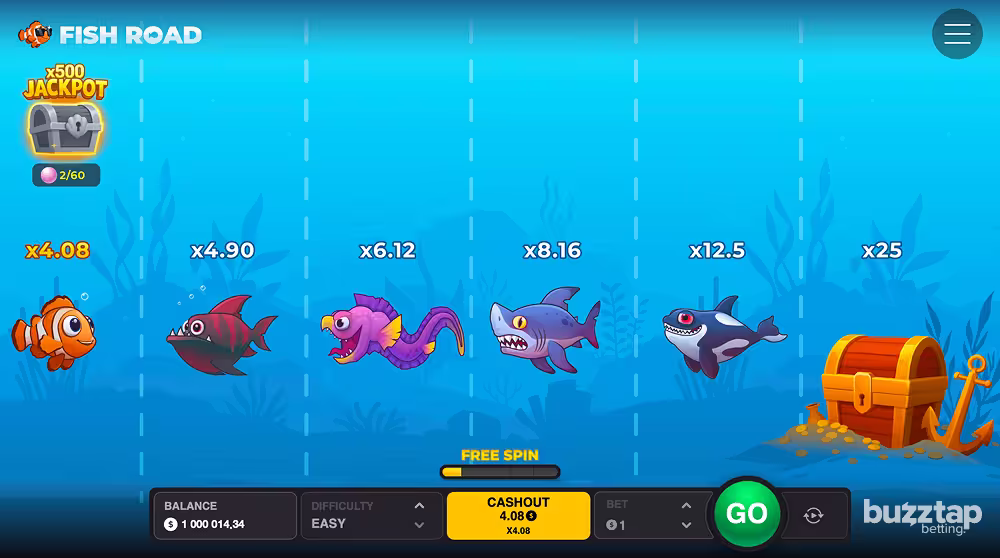 A PC gameplay screenshot of Fish Road crash game by InOut Games