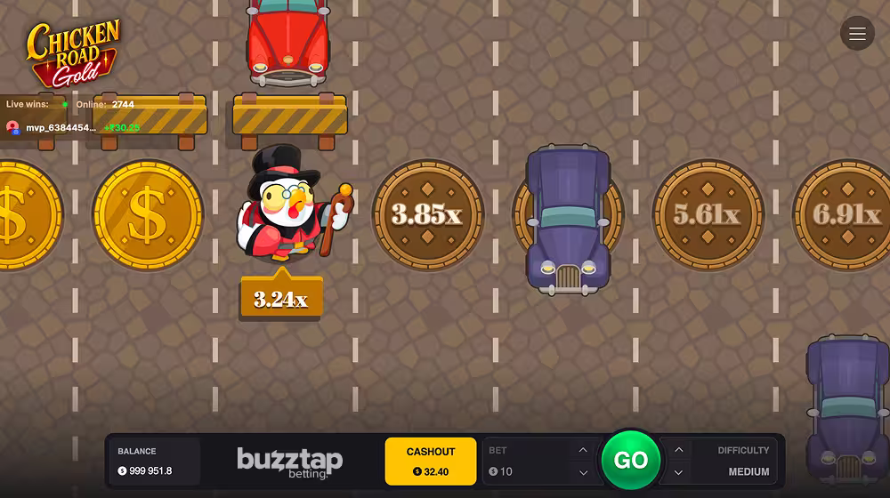 A PC gameplay screenshot of casino crash game Chicken Road Gold by InOut Games