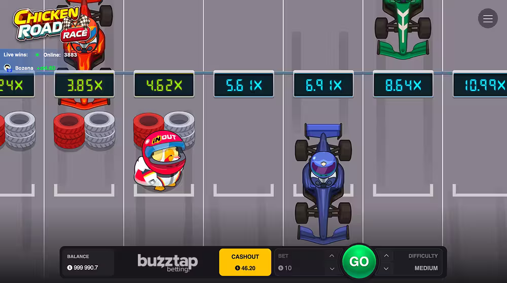 A PC gameplay screenshot of casino crash game Chicken Road Race by InOut Games