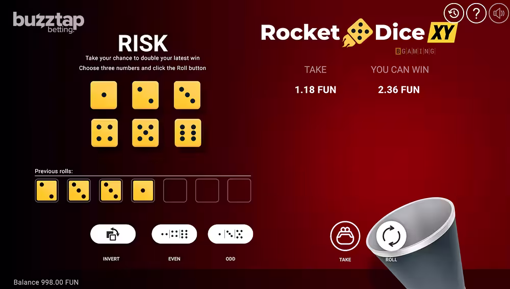 A screenshot of the gamble Double-or-Nothing feature round on Rocket Dice XY by BGaming