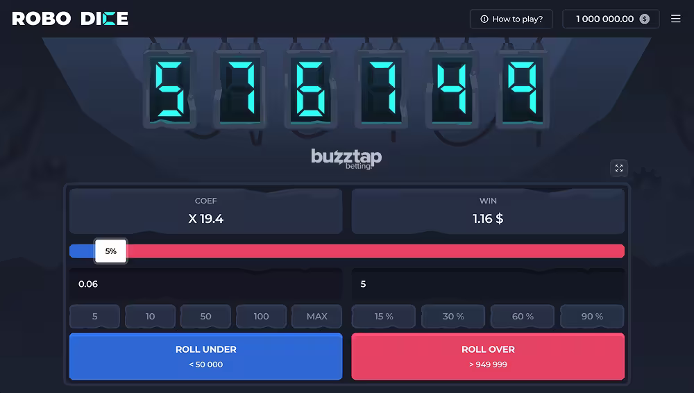 A gameplay screenshot of casino dice game Robo Dice by InOut Games