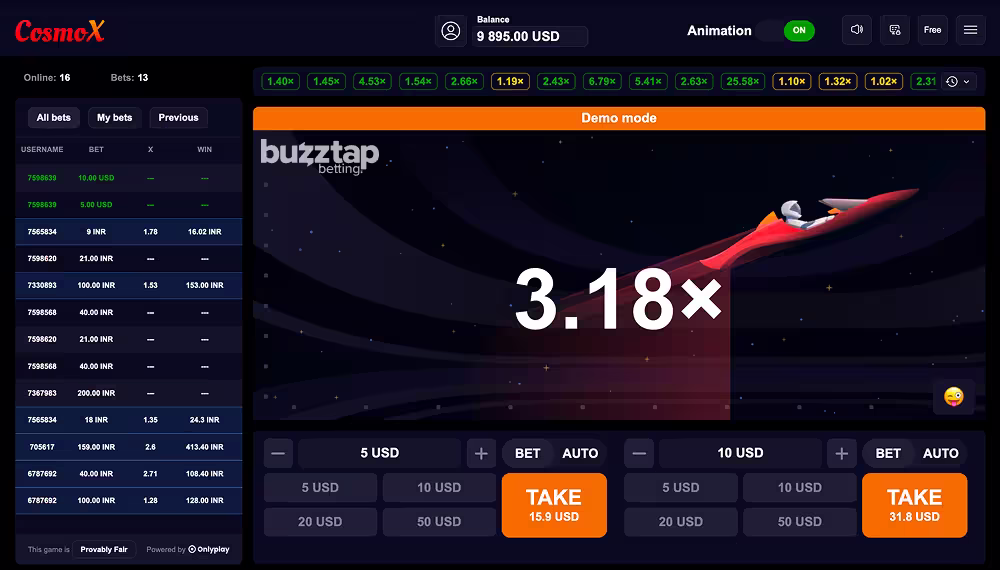 A PC gameplay screenshot of CosmoX crash game by Onlyplay