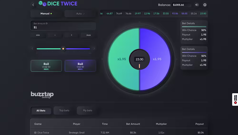 A gameplay screenshot of casino game Dice Twice by Turbo Games