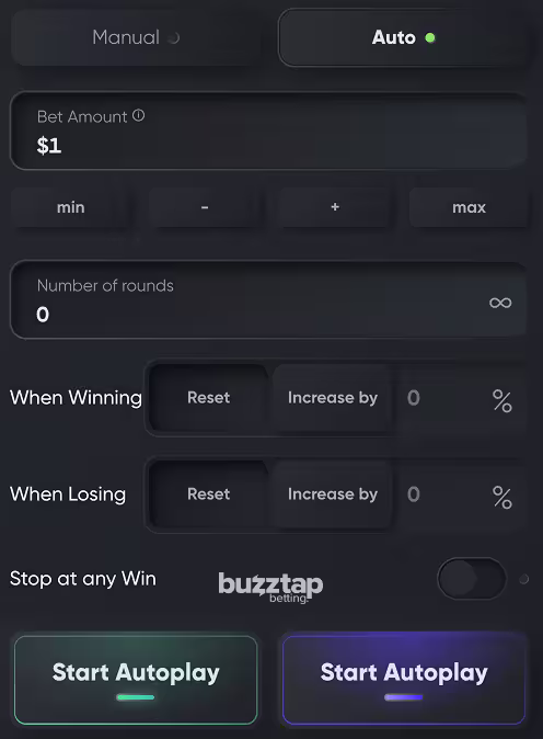 An in-game screenshot of the autoplay betting controls for Dice Twice by Turbo Games