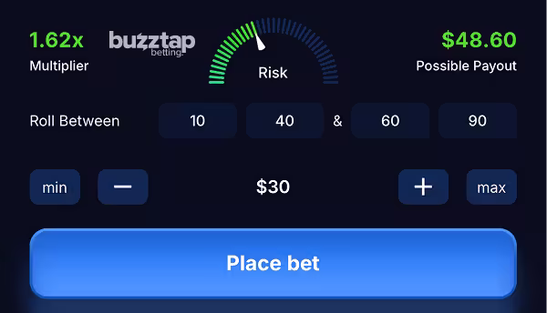A screenshot of the in-game betting panel and controls on mobile for Trading Dice by Turbo Games