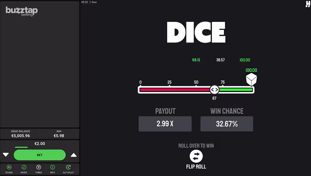 A gameplay screenshot of casino game Dice Dare2Win by Hacksaw