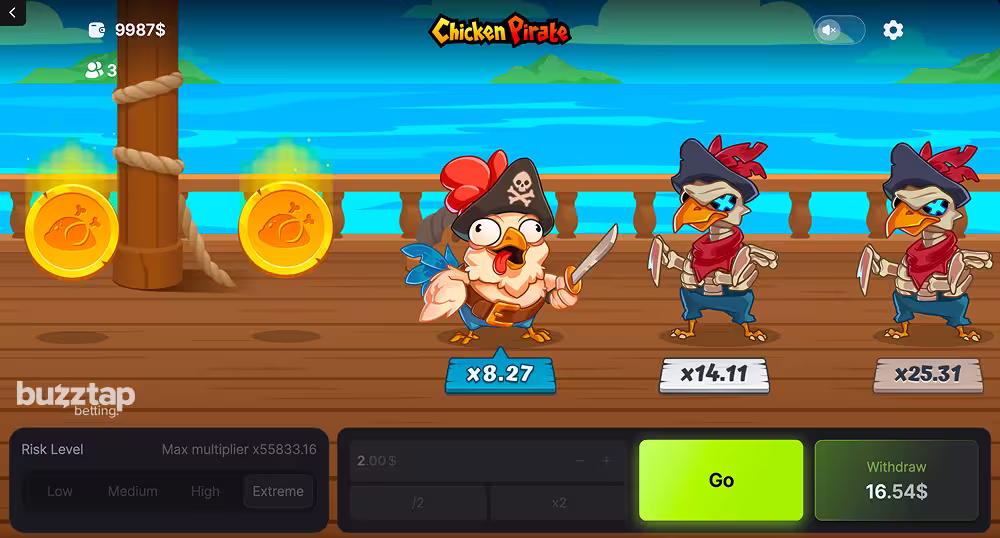 A gameplay screenshot of casino crash game Chicken Pirate by 100HP Gaming