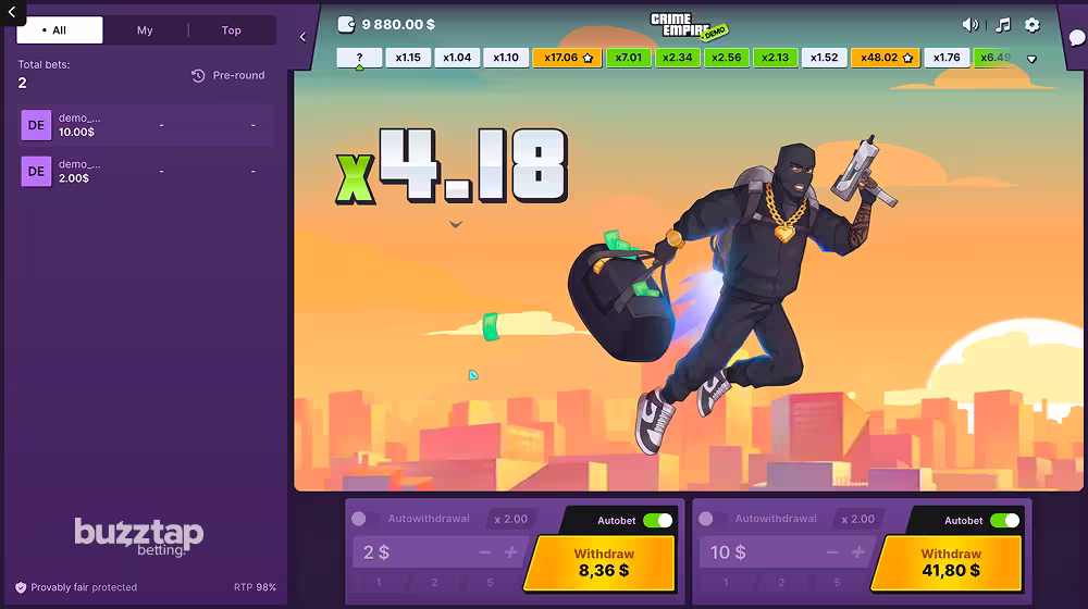 A gameplay screenshot of casino crash game Crime Empire by 100HP Gaming