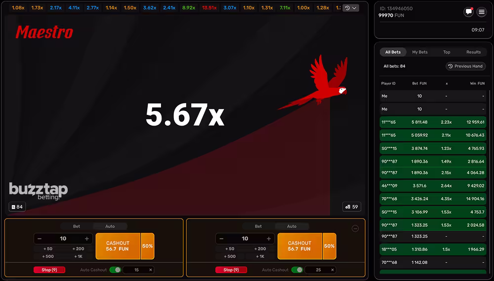 A gameplay screenshot of casino crash game Maestro by Galaxsys